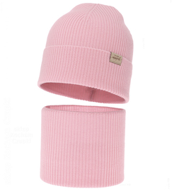 Czapka i komin dla dziewczynki, jesienny/wiosenny komplet, 100% merino, Gamenta, różowy (04), 48-51 cm