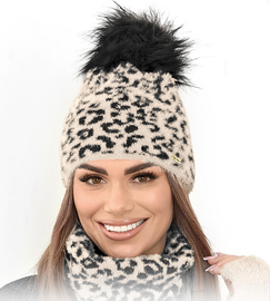 Czapka zimowa z pomponem, damska, panterka Paraiso, alpaka, kremowy, 55-58 cm