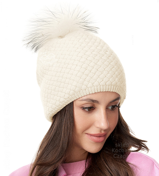  Czapka Damska z Wełny Merino i z Pomponem z Jenota, Makaria, kremowa, 56-60 cm cm