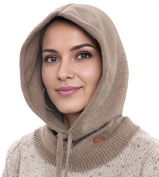 Komin z kapturem damski, kominiarka/kaptur zimowy, merino 17%, Beliza, beżowa, 55-62 cm