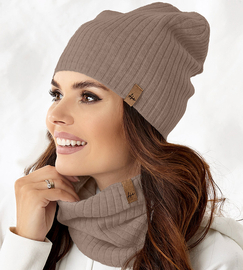 Czapka i komin damski, komplet Catrine, dzianinowy, brąz jasny, 55-56 cm