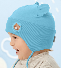 Czapeczka niemowlęca bawełniana z uszkami i naszywką misia, Mikrus, turkusowa, 36-38 cm