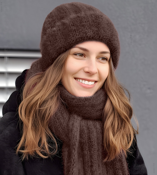Czapka i szalik damski, komplet zimowy puszysty, Livona, brązowy, 54-56 cm