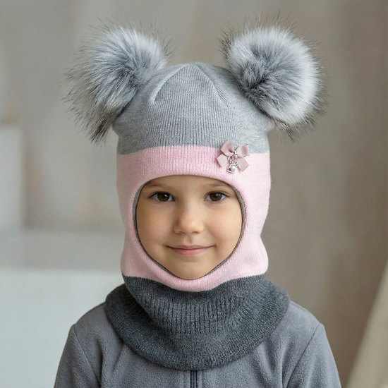 Czapka kominiarka dla dziewczynki, dwa pompony, szary+róż, Kajsa, 46-49 cm