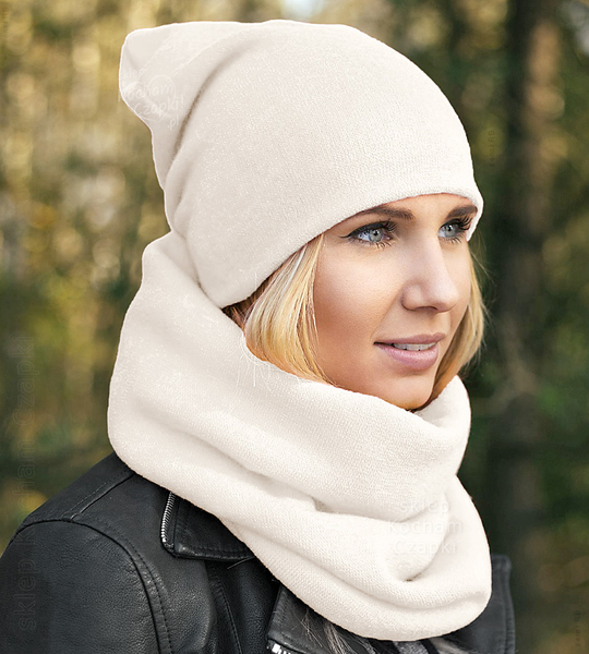 Komplet czapka i komin damski, zimowy/jesienny, Benita V.1, śmietankowy, 55-57 cm