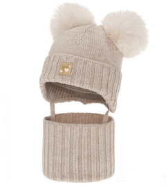 Czapka i komin dla dziewczynki, 100% merino, z polarem wełnianym, Norina, beżowy, 42-45 cm