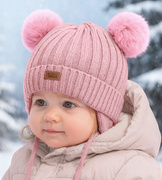 Czapka merino dla dziewczynki, zimowa z pomponami, Kamino, różowa, 44-46 cm