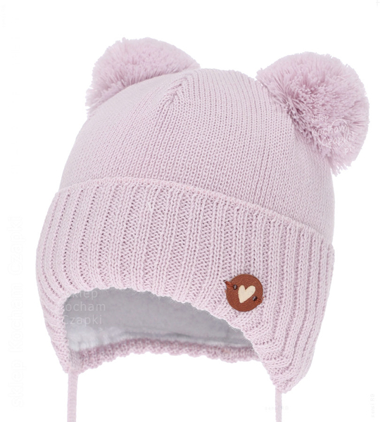 Czapka niemowlęca na zimę dla dziewczynki, merino, Semyna, liliowa, 38-40 cm