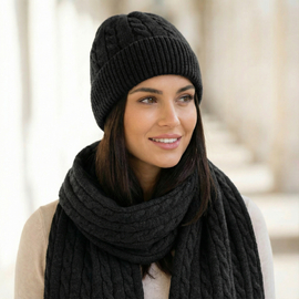 Ekskluzywny Komplet czapka i szalik, Merino + Kaszmir, Nyx, czarny, 55-58 cm