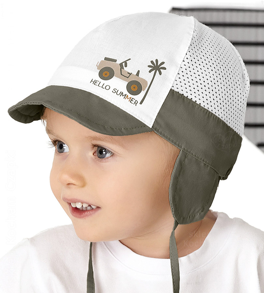 Czapka na lato dla chłopca, z siateczką, wiązana, HelloSummer, biały + khaki, 47-48 cm