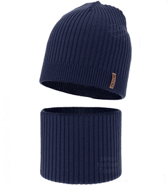 Czapka i komin dla chłopca, jesienny/wiosenny komplet, 100% wełna merino, Shetter, granatowy, 51-53 cm