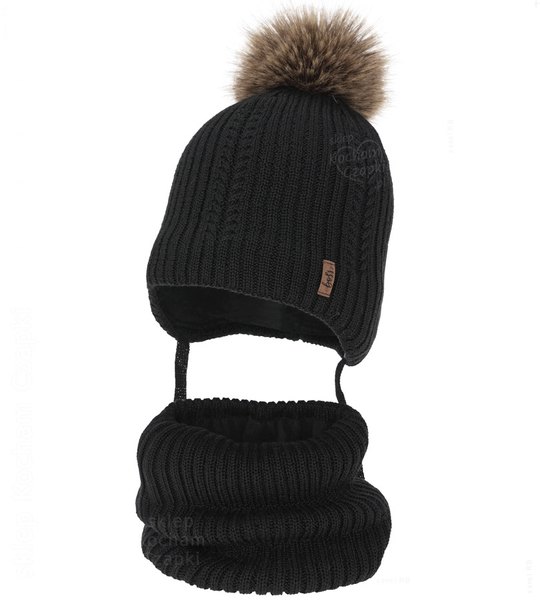 Czapka i komin dla chłopca, z wełną merino, Gonzo, czarny, 48-50 cm