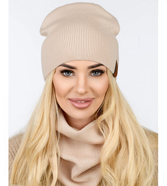 Czapka i komin damski, komplet wiosenny-jesienny, Carmelia, beżowy jasny, 55-60 cm