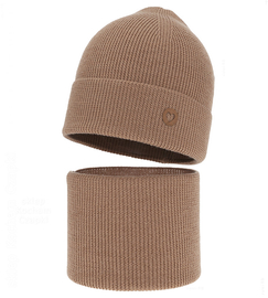 Czapka i komin dla dziewczynki, jesienny/wiosenny komplet wełniany, 100% merino, Corrie, karmelowy, 52-54 cm