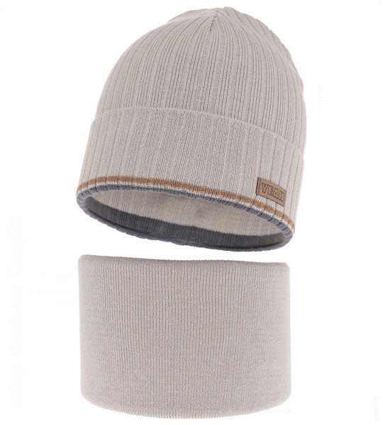 Czapka i komin dla chłopca, komplet jesienny/wiosenny, Noldon, szaro-beżowy (01), 50-52 cm