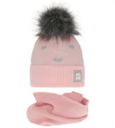 Zimowa czapka i komin dla dziewczynki, Sajmin, róż pudrowy, 46-48 cm