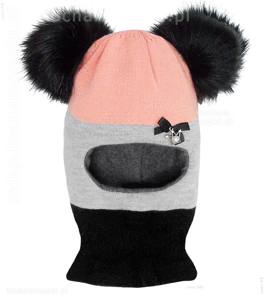 Kominiarka dla dziewczynki, dwa pompony, morela+szary, Kajsa, 46-49 cm