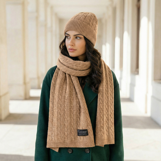 Ekskluzywny Komplet czapka i szalik,  Merino + Kaszmir, Nyx, camel, 55-58 cm