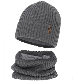 Czapka i komin dla chłopca, z wełną merino, Locton, szary, 50-52 cm