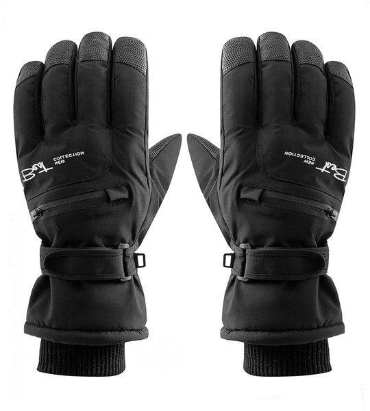 Rękawiczki zimowe męskie, rękawice narciarskie, ocieplone futerkiem, RN021, czarne, 9-9,5