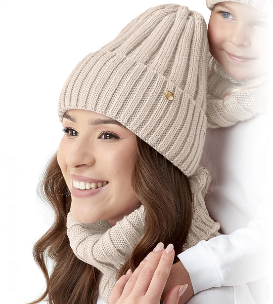 Czapka i komin zimowy, komplet damski, Falka, ciemny beżowy, 56-60 cm