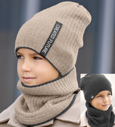 Zimowa czapka i komin, sportowy komplet dla chłopca, Creation, dwustronny, beżowy + grafit, 50-55 cm