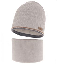 Czapka i komin dla chłopca, komplet jesienny/wiosenny, Noldon, szaro-beżowy (01), 54-56 cm