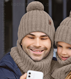 Modna czapka i komin zimowy męski, Peder, beżowy, 56-60 cm