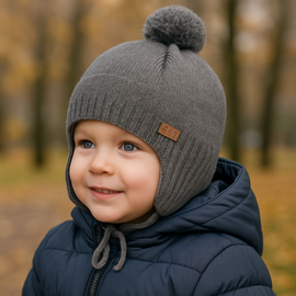 Czapka merino, uszatka Duskur,  szara, 46-49 cm