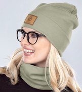 Czapka i komin damski, jesienny/wiosenny, bawełna, oliwka jasna, Livnea, 55-57 cm