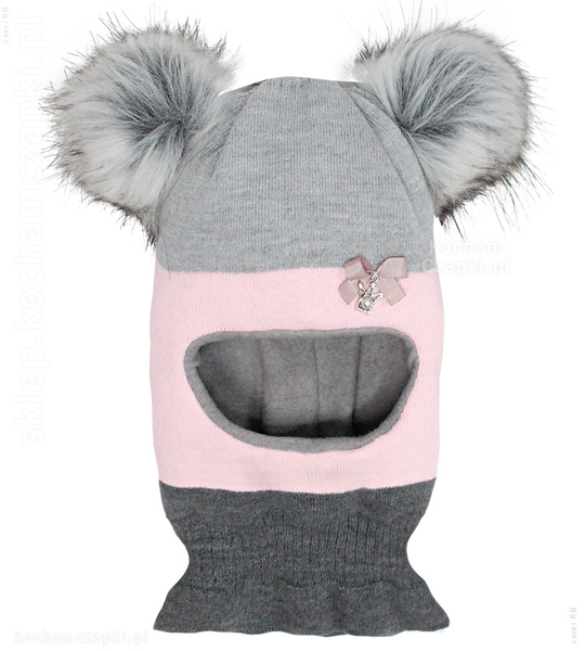 Czapka kominiarka dla dziewczynki, dwa pompony, szary+róż, Kajsa, 46-49 cm