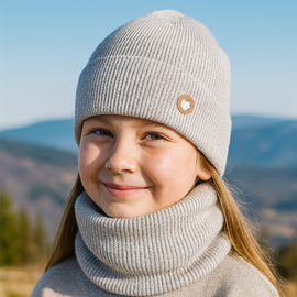 Czapka i komin dla dziewczynki, jesienny/wiosenny komplet wełniany, 100% merino, Corrie, szary, 52-54 cm