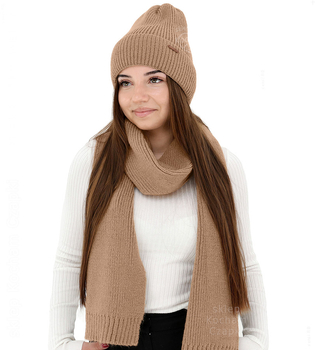 Komplet zimowy damski, czapka i szalik, z wełną merino, Alyssa, kamel, 56-60 cm