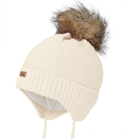 Czapka merino dla dziewczynki, pompon jenot, Naima, kremowa, 50-54 cm