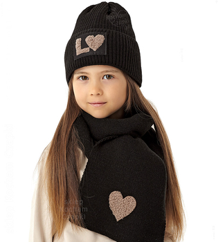 Komplet zimowy dla dziewczynki: czapka i szalik, Elwira, czarny, 52-56 cm