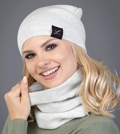 Dzianinowa czapka i komin damski, Nobia, szary perłowy, 54-57 cm