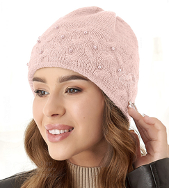 Czapka damska, zimowa z perełkami, Burica, brudny róż, 56-60 cm