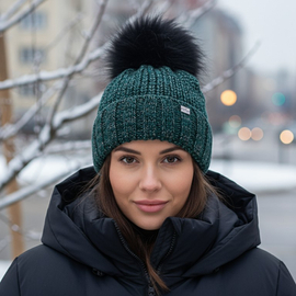 Czapka damska z pomponem, zimowa, zielona, Soffia, 55-57 cm