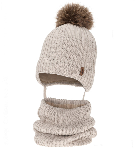 Czapka i komin dla chłopca, z wełną merino, Gonzo, beżowy jasny, 48-50 cm
