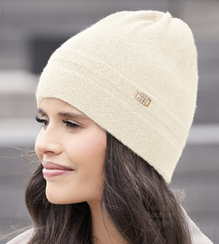 Czapka zimowa damska, elegancka, z wełny 100% merino, Orchidea, śmietankowa, 55-57 cm