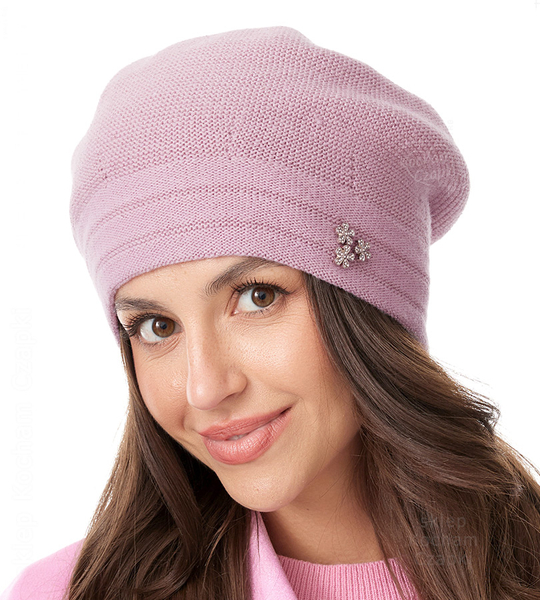 Czapka damska - beret zimowy, wełniany, Selene, jasny wrzos, 56-59 cm
