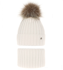 Zimowa czapka i komin dla dziewczyny, Wilma, biały śmietankowy, 52-56 cm