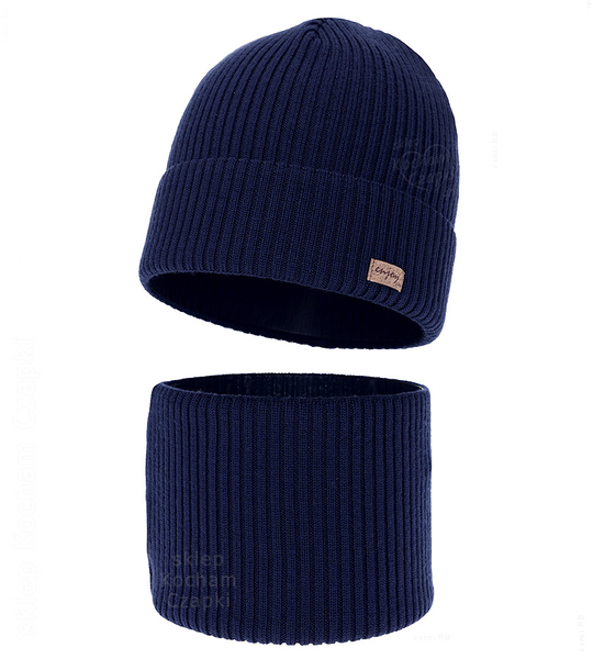 Czapka i komin dla chłopca, jesienny/wiosenny komplet, 100% wełna merino, Tinros, granatowy (03), 52-54 cm