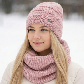 Czapka i komin do obwijania, zimowy damski komplet, Irydia, różowy (07), 56-60 cm