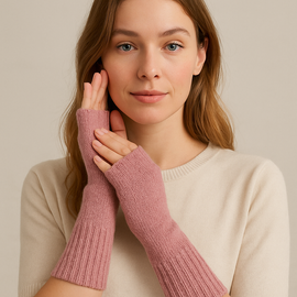 Rękawiczki bez palców damskie, mitenki z długim ściągaczem, brudny róż