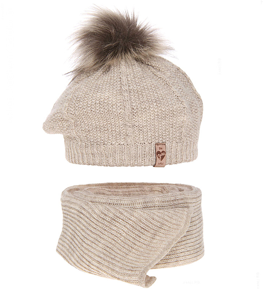Komplet zimowy dla dziewczynki: beret i szalik, Ilefia, beżowy melanż, 50-54 cm