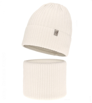 Czapka i komin dla dziewczynki, 100% merino, Temira, śmietankowy (03), 50-52 cm