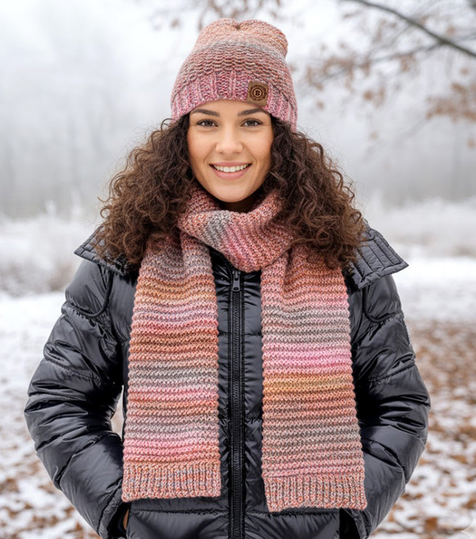 Czapka z polarem i długi szal, komplet zimowy damski, Gisele, brąz + róż, 55-57 cm