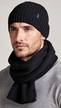 Komplet męski zimowy z wełną merino i polarem, czapka i szal, czarny, 56-58 cm