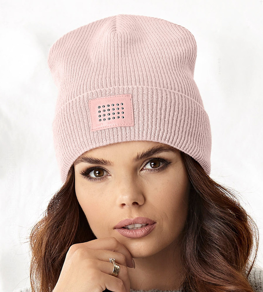 Damska, młodzieżowa czapka Frida, prążek, róż nude, 56-62 cm